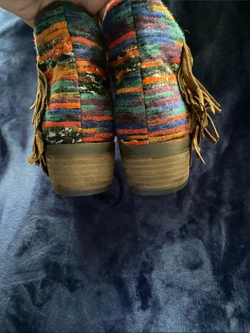 Not Rated Brown Suede Fringe Ankle Boots with Colorful Woven Accent